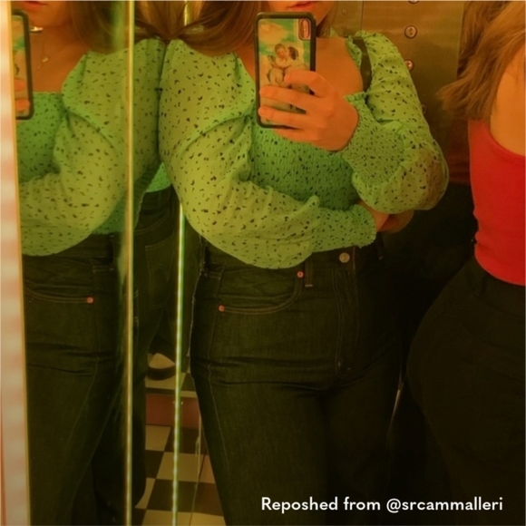 ARITZIA Little Moon Mint Chocolate speckled green smocked puff sleeve gimlet top - Picture 6 of 6